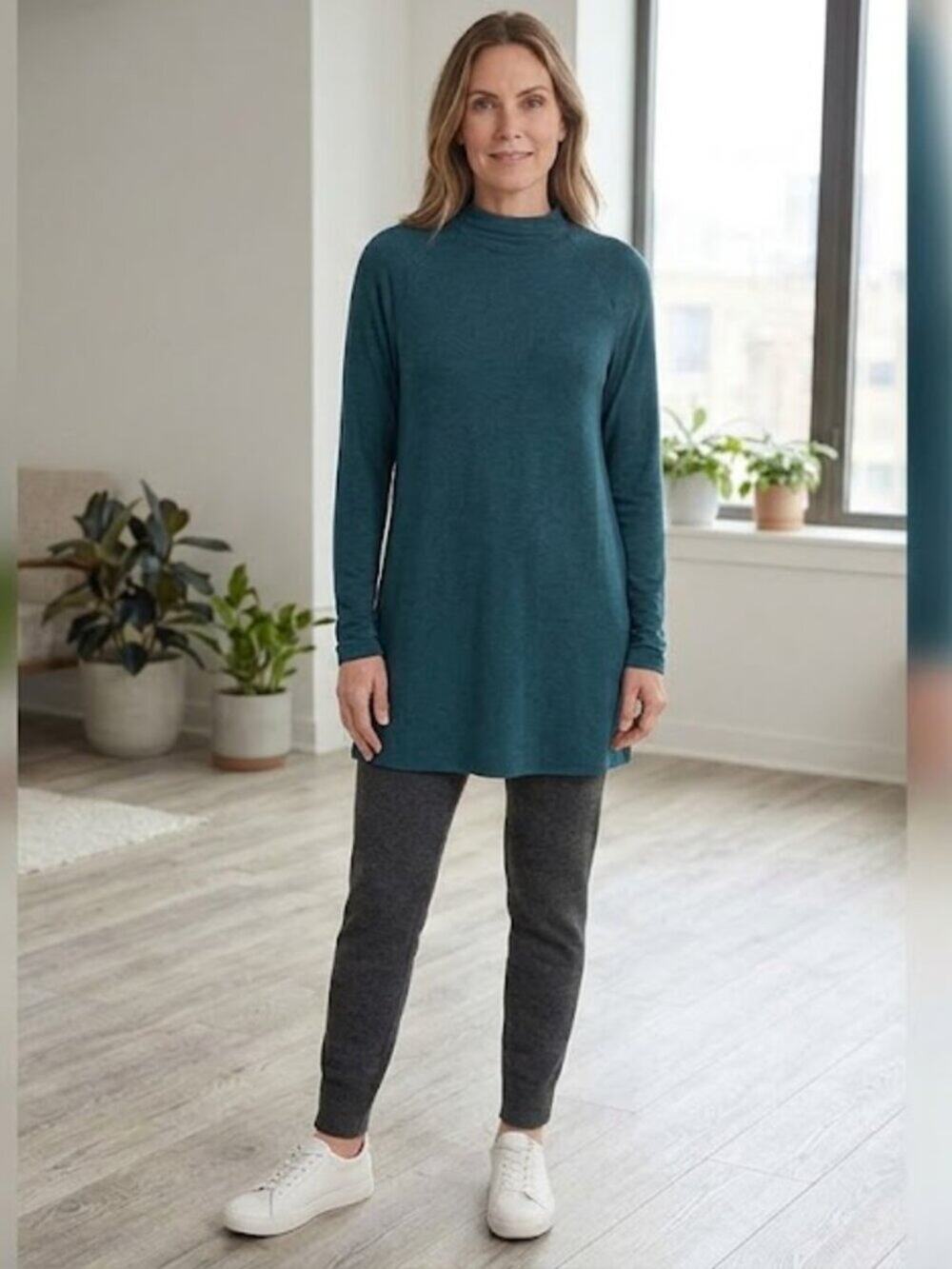 J. Jill Luxe Supima Mock Neck Long Sleeve Tunic | Deep Teal Size L Tal